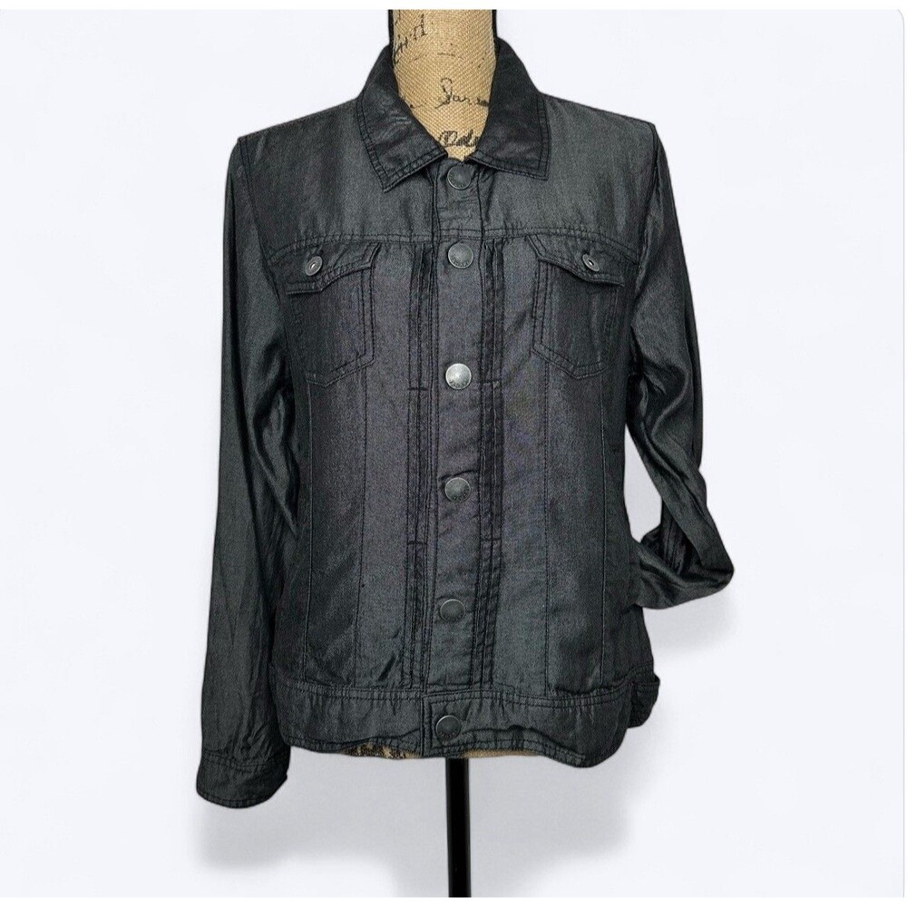 Tahari Lightweight Jacket Shacket Sz L Shiny Black Lyocell Quiet Luxury Casual‎